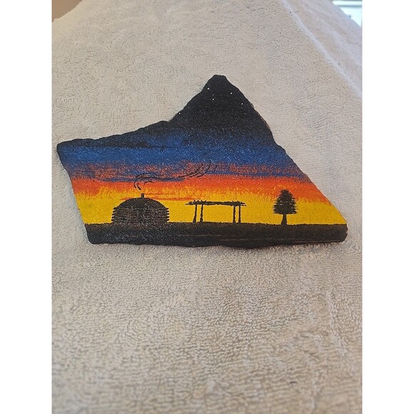 Patt Yazzie Navajo Native American Stone Rock Painting Sunset Tree Hogan Signed - Picture 1 of 9